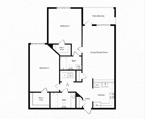 Floor plan for 2 beds, 2 baths, 989 sqft